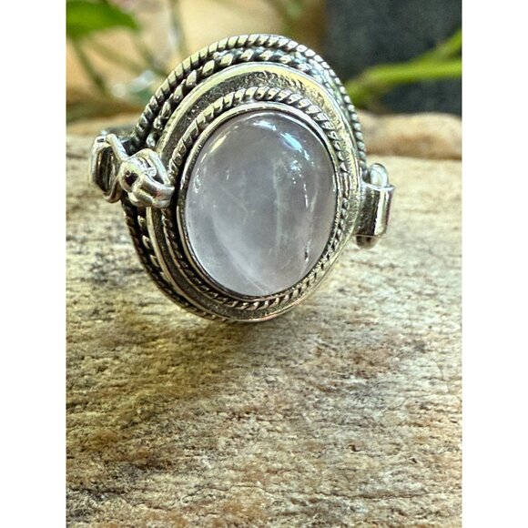 Vintage Silver & Rose Quartz Locket Ring Size 7 - Picture 1 of 7